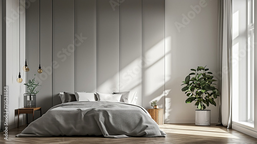 Elegant and Modern Bedroom with Minimalist Grey Wardrobe, Scandinavian Interior Design, Simple and Calm Home Decor Inspiration photo