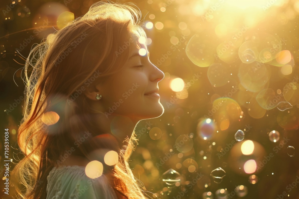 A young woman stands in the glow of sunlight, while vibrant bubbles drift around her, conjuring a dreamy and magical atmosphere A young woman stands in the glow of sunlight, while vibrant bubbles drift around her, conjuring a dreamy and magical atmosphere