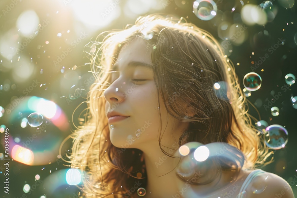 In the radiant sunlight, a young woman is encircled by floating, vibrant bubbles, cultivating a dreamy and enchanting atmosphere In the radiant sunlight, a young woman is encircled by floating, vibrant bubbles, cultivating a dreamy and enchanting atmosphere