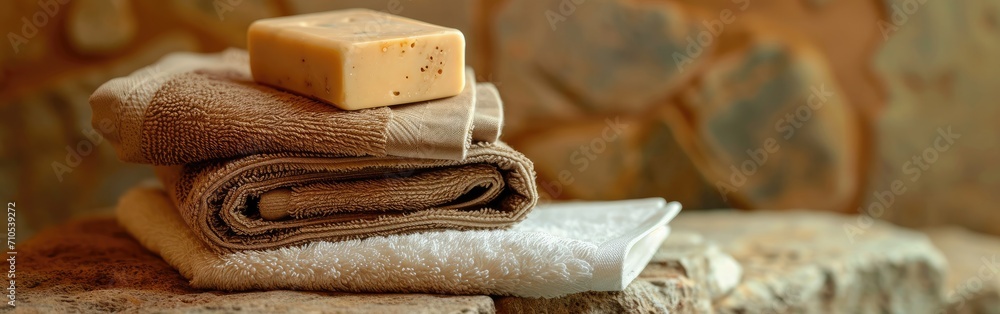 A soap bar and hand towel and decorations