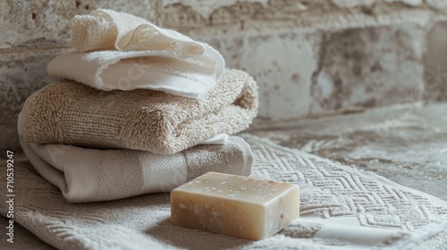 A soap bar and hand towel and decorations