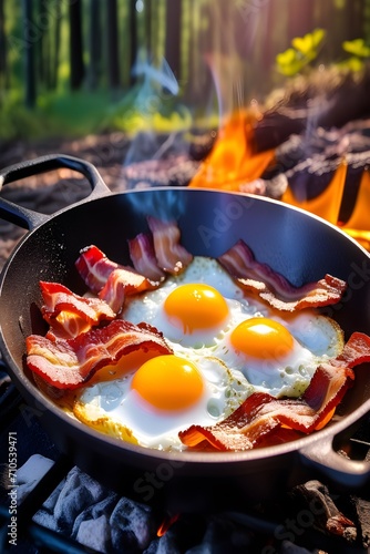 Outdoor-Morning-Delight-Cooking-Bacon-and-Eggs-in-a-Cast-Iron-Skillet-Crispy-Bacon-and-Perfectly-Fried-Eggs-on-the-Campfire-Grill