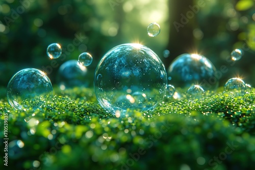 h2o bubbles and green background, in the style of urban energy, havencore, forestpunk, high quality, functional, iconic, natural scenery