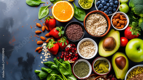 Assorted Healthy Superfoods Layout on Dark Background