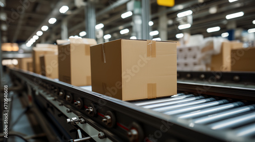 Cardboard boxes in warehouse being sorted on conveyor for delivery shipping  © ChubbyCat