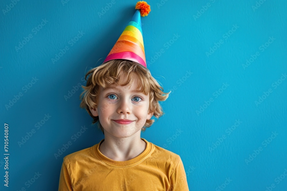 Smiling Young Boy in a Colorful Party Hat Against a colored Background Smiling Young Boy in a Colorful Party Hat Against a colored Background