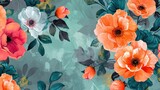 Floral pattern with large colorful flowers on turquoise background