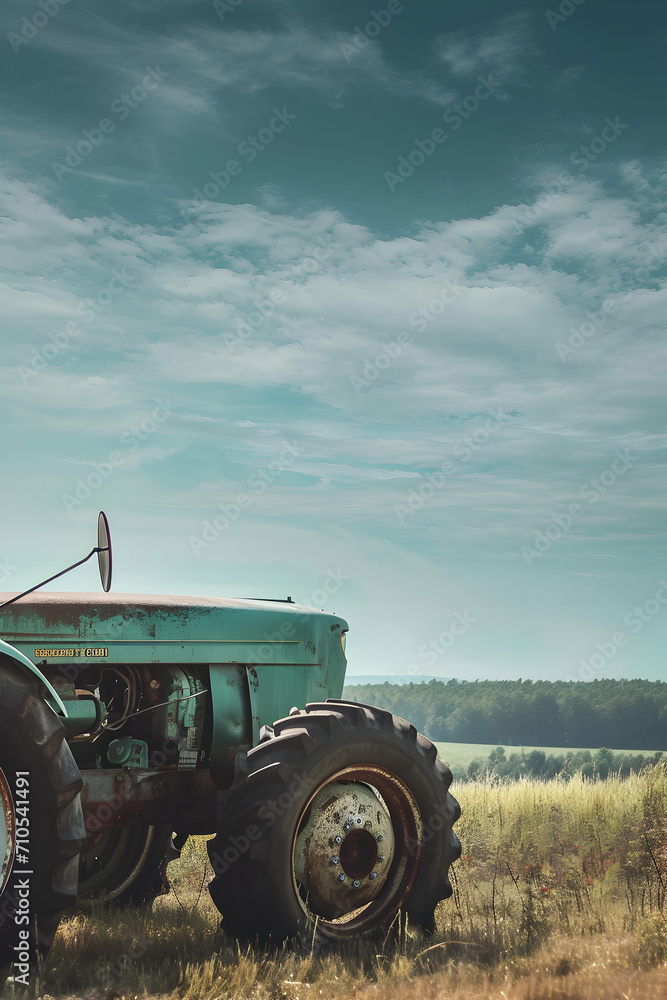 Obraz premium Vintage Tractor in Rustic Field with Moody Sky, Old rusty tractor abandoned in a blooming field