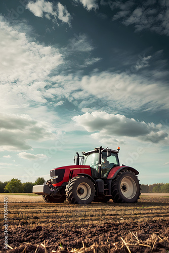 Modern Tractor Plowing Field Under Beautiful Sky  Agricultural tractor on field preparing land with plow