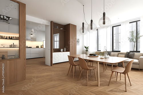 Interior design of modern kitchen room with cabinet wooden dining table and chairs. generative AI