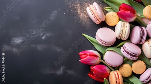 Pink tulips spring flowers witn macaroons on dark marble background mother's day sweet photo