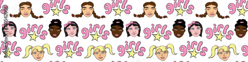 Vector colorful seamless pattern with cartoon faces, heads of women, girls. Friendship theme, girls power. Childish, girlish fun cute texture backdrop.