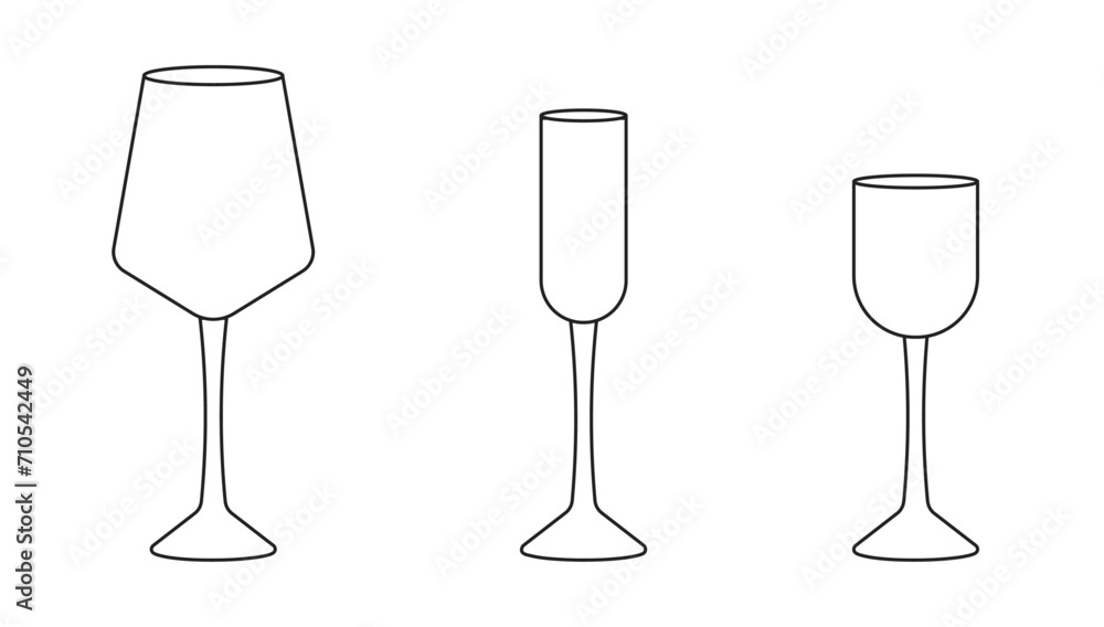 Set of various glasses for alcohol and non alcohol drinks in outline style on white background for icons, posters, patterns, webs, apps, wrapping Set of various glasses for alcohol and non alcohol drinks in outline style on white background for icons, posters, patterns, webs, apps, wrapping