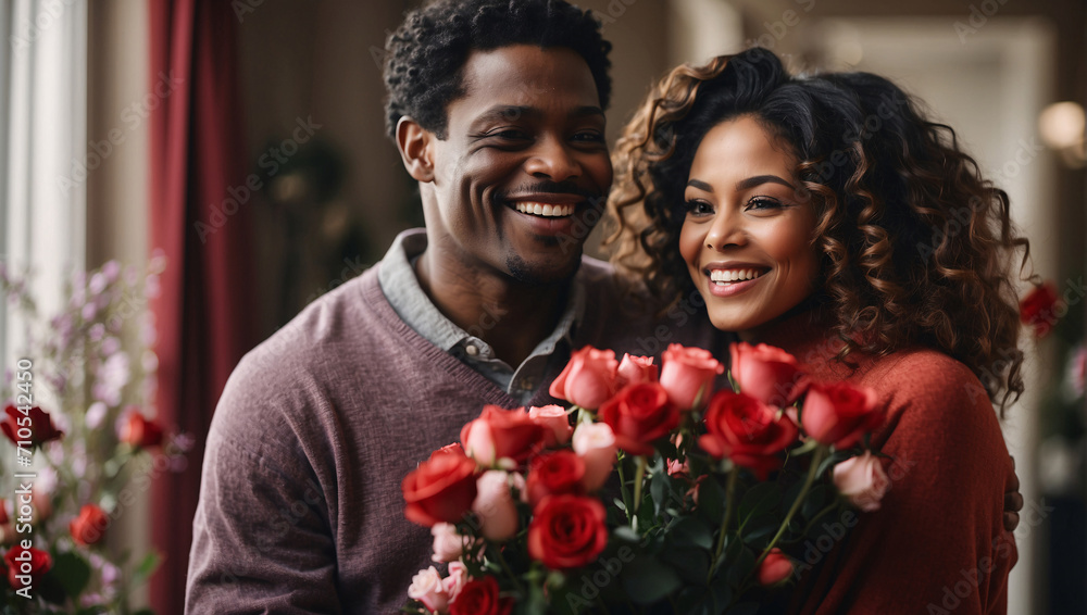 Valentine's Day, a black couple in love exchanges tender smiles and warm words. The husband gives his wife a bouquet of beautiful roses. Their love, like magic, fills the air with romance and warmth Valentine's Day, a black couple in love exchanges tender smiles and warm words. The husband gives his wife a bouquet of beautiful roses. Their love, like magic, fills the air with romance and warmth