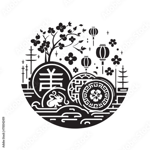 Timeless Wealth Captured: Chinese Coins Silhouette Stock Perfect for New Year Celebrations - Chinese New Year Silhouette - Chinese Coins Vector Stock
