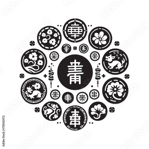 Harmonious Currencies Revealed: A Meticulously Crafted Collection of Chinese Coins Silhouette Stock Imagery for the Chinese New Year - Chinese New Year Silhouette - Chinese Coins Vector Stock
