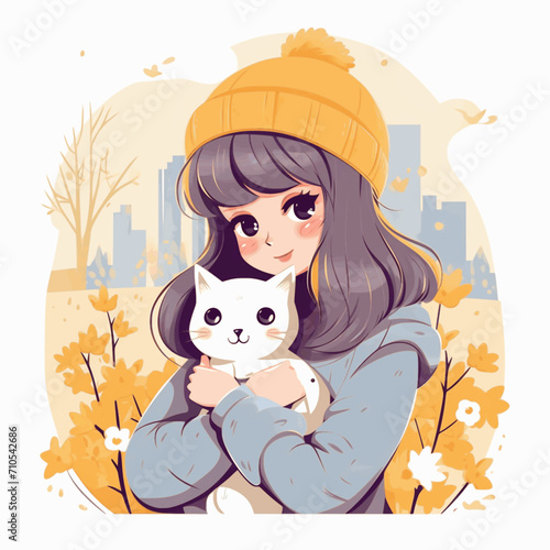 illustration of a girl hugging a cat outdoors