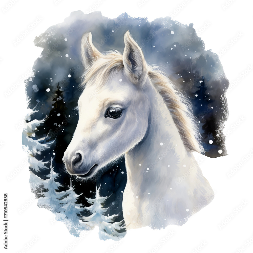 Fohlen Pferd Winterporträt Niedliche Pferdeillustration Aquarell Tierkopf Kinderzimmer Wandkunst Schneelandschaft Bauernhofmotiv Fohlen Pferd Winterporträt Niedliche Pferdeillustration Aquarell Tierkopf Kinderzimmer Wandkunst Schneelandschaft Bauernhofmotiv