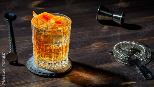 Whisky Old Fashioned served on the rocks with orange