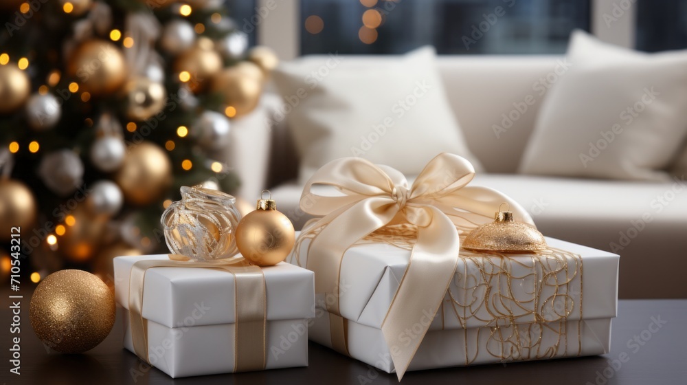 Christmas presents in white and gold color with ribbon next to beautiflly decorated christmas tree Christmas presents in white and gold color with ribbon next to beautiflly decorated christmas tree