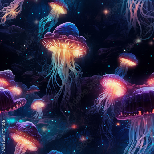Seamless pattern featuring fantastic luminous jellyfish. Underwater and space life. Life in the depths of the sea, in the depth of the space. Generative AI. © Luca
