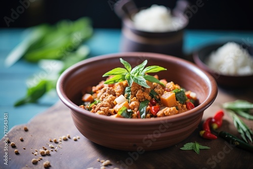 chana masala in a rustic bowl with a mint sprig