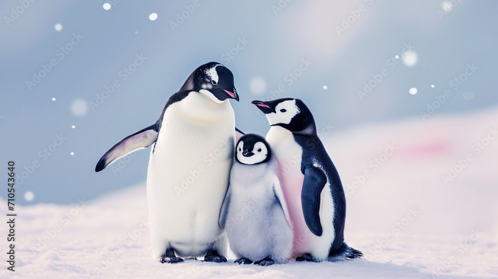 Fototapeta premium family of three cute penguins on a snowy background