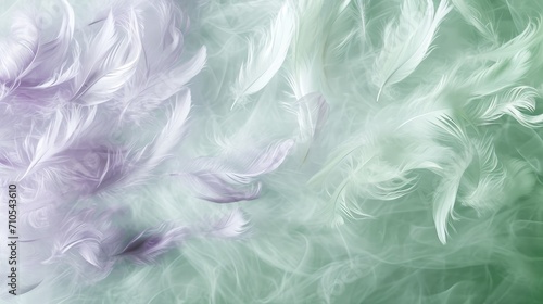 Mint green and lavender ethereal abstract with soft, floating feathers