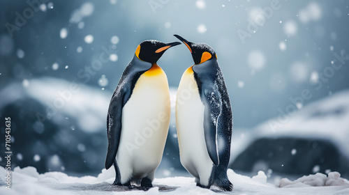 two adult penguins on a snowy background