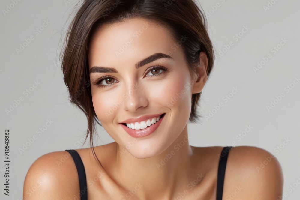 Portrait beautiful model woman with white teeth smile, healthy hair and beauty skin on light background. Concept of advertising dentist and facial care. Generative AI