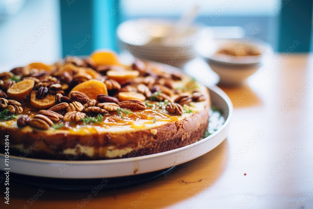 whole cheesecake with caramel drizzle and nuts on top Stock Photo ...