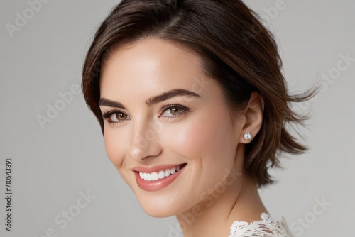 Portrait beautiful model woman with white teeth smile, healthy hair and beauty skin on light background. Concept of advertising dentist and facial care. Generative AI