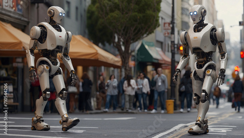 Nano robots walk along the busy streets of the city, their appearance is similar to a person. The future of the world is determined by nanotechnology, which has created cyborgs similar to humans © Inna