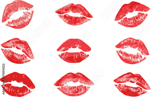 Set imprint kiss lips on transparent background. Realistisch vector kiss in red color. Human lips. Vector EPS 10  