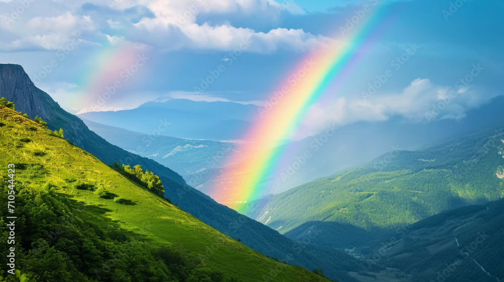 Beautiful rainbow in green mountain valley with green hills with copy space. Ecotourism concept. Generative AI