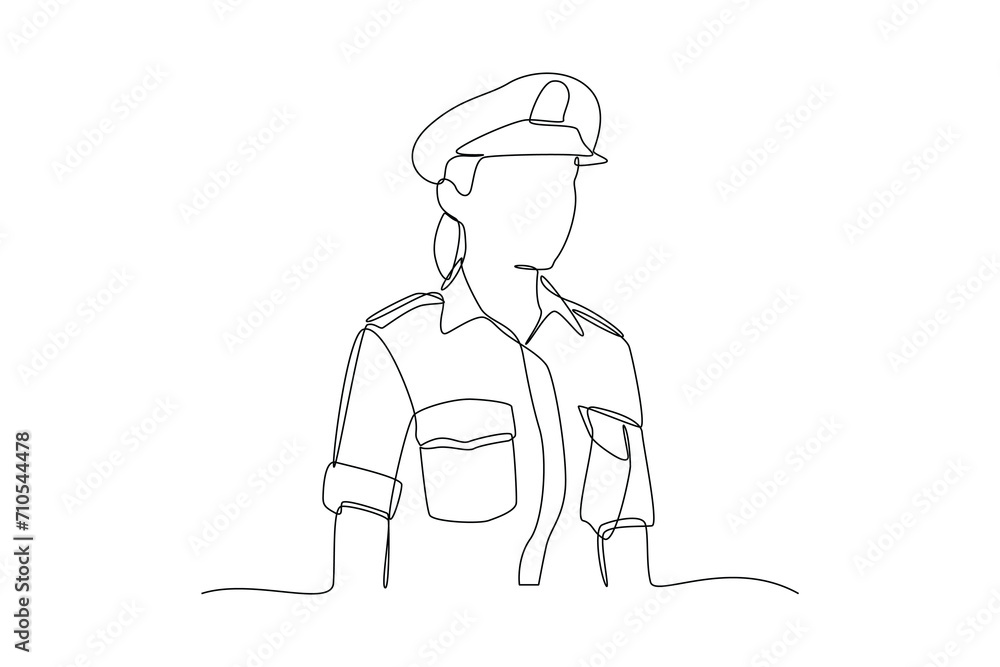 Single continuous line drawing of young soldier pose use military uniform. Professional work job occupation. Minimalism concept one line draw graphic design vector illustration