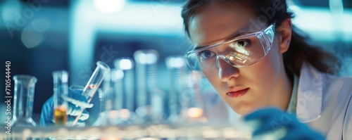Female scientist researching in the chemistry laboratory with pipettes and test tubes