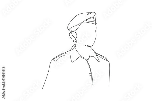 Single continuous line drawing of young soldier pose use military uniform. Professional work job occupation. Minimalism concept one line draw graphic design vector illustration