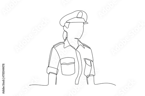 Single continuous line drawing of young soldier pose use military uniform. Professional work job occupation. Minimalism concept one line draw graphic design vector illustration