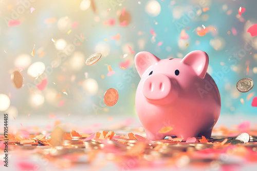 Pink piggy bank surrounded by flying golden coins on light blurred background, money saving. Symbol of safe finance investments. Investment piggy bank, security of money storage concept