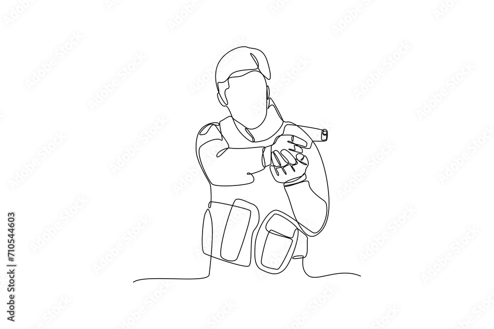 Single continuous line drawing of young soldier is focusing on aim at the enemy. Professional work job occupation. Minimalism concept one line draw graphic design vector illustration