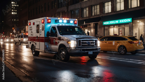 The medical service promptly arrived at the scene of an accident in the city at night to provide emergency assistance to the victims. An ambulance was moving along the city streets