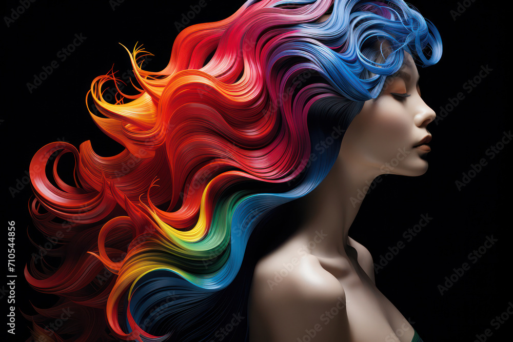 Radiant Beauty: A Vibrant Rainbow-haired Woman with Stylish Fashion and Flawless Makeup in a Windy Studio