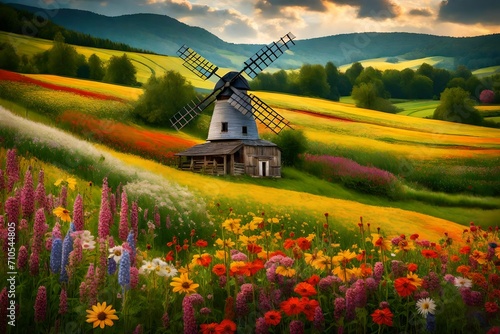 A rural tapestry with a charming windmill rising proudly amidst a field of lush, colorful wildflowers.