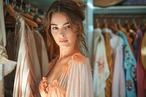 Morning Glow: Young Woman Amidst Her Elegant Dress Collection