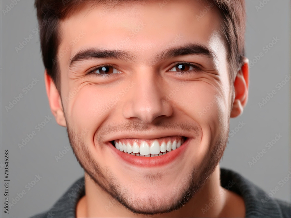 Young man with healthy teeth on grey background, closeup. Dental care Young man with healthy teeth on grey background, closeup. Dental care