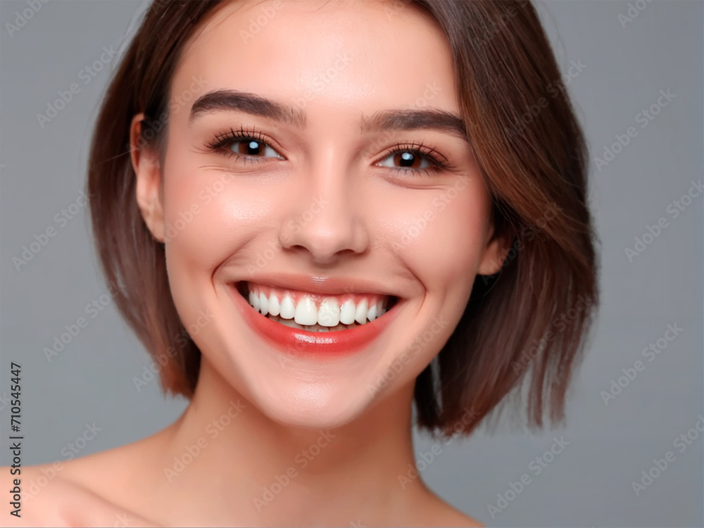 Beautiful young woman with healthy teeth on grey background, closeup Beautiful young woman with healthy teeth on grey background, closeup
