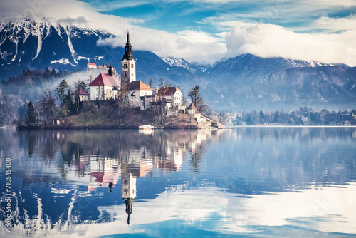 amazing View On Bled Lake, Island,Church And Castle With Mountain Range (Stol, Vrtaca, Begunjscica) In The Background-Bled,Slovenia,Europe © Melinda Nagy