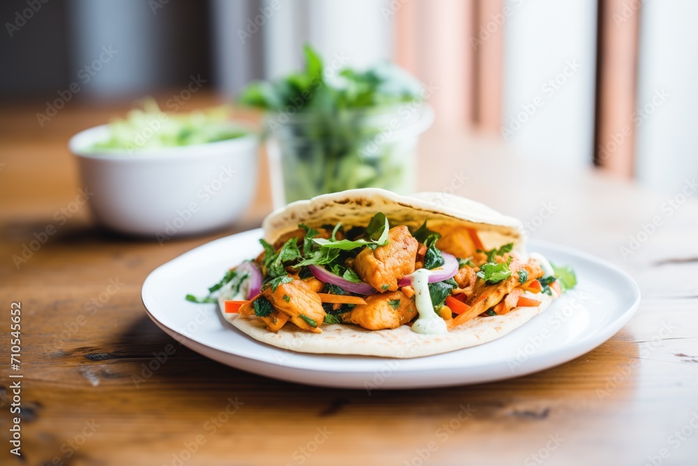 chicken tikka sandwich with veggies and sauce in pita chicken tikka sandwich with veggies and sauce in pita