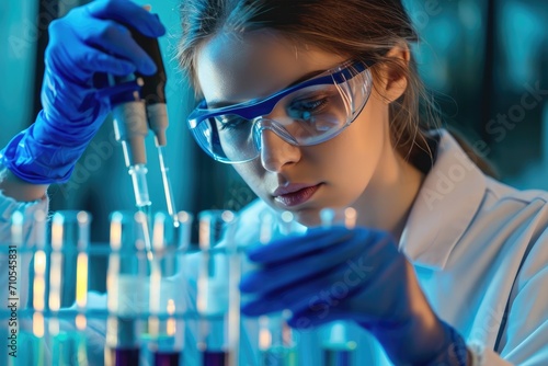Female scientist researching in the chemistry laboratory with pipettes and test tubes photo